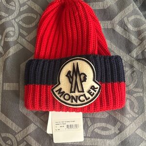 Moncler Adult Over Size Red and Navy Ribbed Wool Beanie with Logo Patch